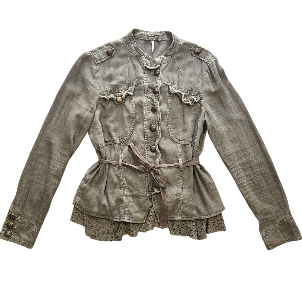 Free People Emilia Military Jacket Belted Lace Hem Utility Olive Small - Picture 5 of 14